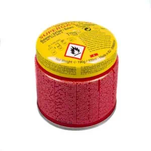 Eine rot gelbe Gaskartusche mit 330ml Inhalt Butangas.