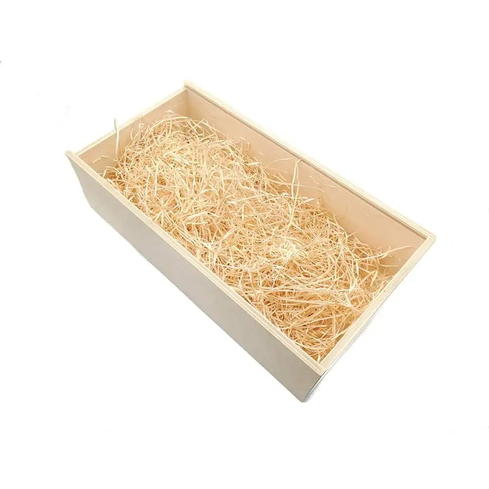 große Weinkiste aus Holz mit Schiebedeckel und Holzwolle für 2 Flaschen