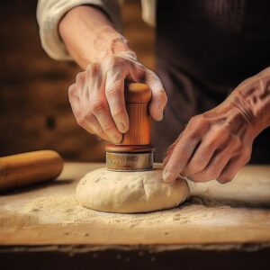 Mann markiert Brotteig mit Brotstempel