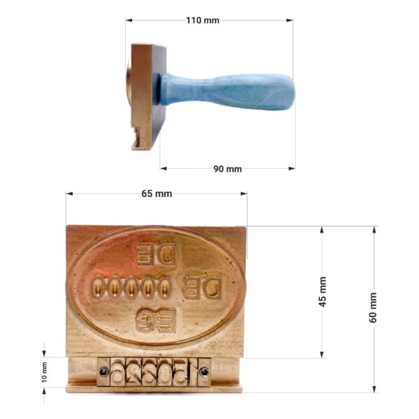 Maße Fleischbeschaustempel/Schlachthofstempel Seitenansicht rechts und Draufsicht