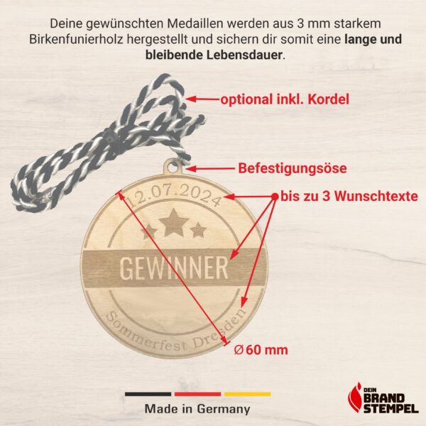 Produktgrafik runde Medaille mit Co2-Laser Elementen und Kordel