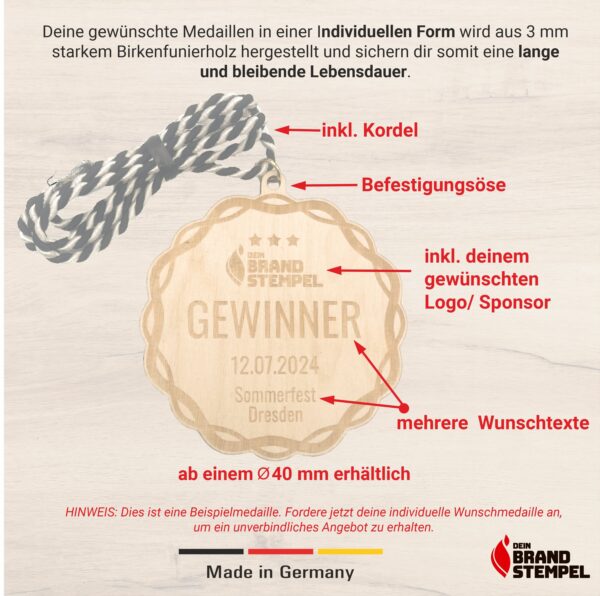 Produktgrafik individuelle Medaille aus Birkenfurnierholz mit Kordel, Befestigungsöse, inkl. deinem gewünschten Logo/ Sponsor und mehrere Wunschtexte