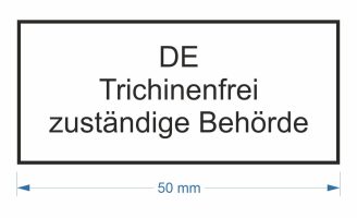 rechteckiges digitales Fleischstempelmotiv mit "DE Trichinenfrei zuständige Behörde" 50mm lang